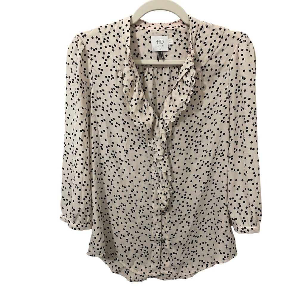 HD in Paris Anthropologie Polka Dot Ruffle Scallop Blouse Cream Black Size 4